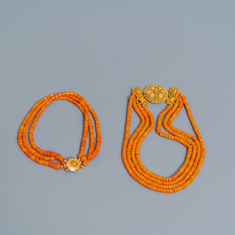 Two red coral necklaces with golden locks, The Netherlands, 19/20th C.