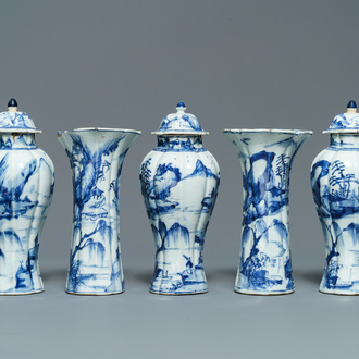 A Chinese blue and white five-piece 'landscape' garniture, Kangxi