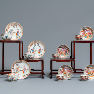 Seven Chinese famille rose 'Mandarin' cups and saucers, Qianlong