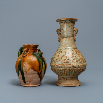 A Chinese sancai ewer and a celadon-glazed bottle vase, Tang and Song