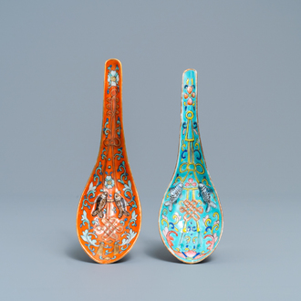 Two Chinese famille rose relief-moulded spoons, Tongzhi mark and of the period