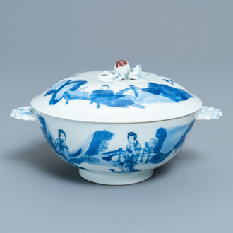 A Chinese blue, white and copper red bowl and cover, Chenghua mark, Kangxi