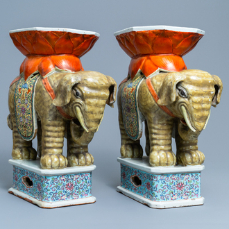 A pair of Chinese famille rose elephant-shaped garden seats, 19/20th C.