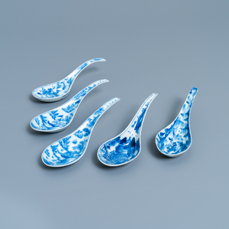 Five Chinese blue and white 'landscape' spoons, 19th C.