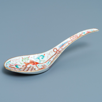 A large Chinese famille rose relief-moulded spoon, Daoguang mark and of the period