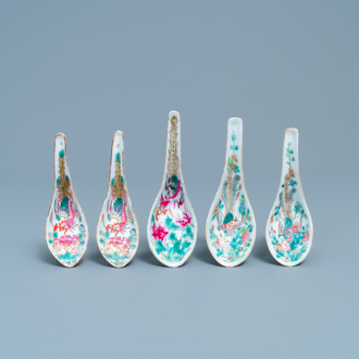 Five Chinese famille rose 'phoenix' spoons for the Straits or Peranakan market, 19/20th C.