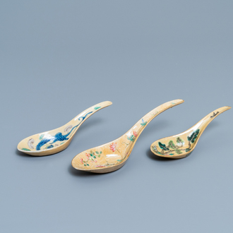 Three Chinese famille rose café-au-lait-ground spoons, Daoguang mark and of the period