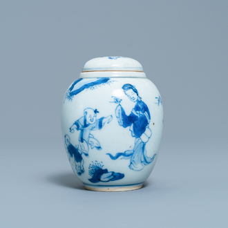 A Chinese blue and white covered tea caddy with playing boys, Kangxi