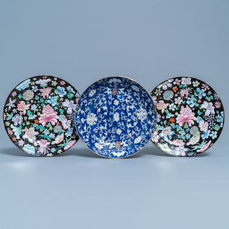 A pair of Chinese famille rose 'millefleurs' plates and a blue-ground plate, 19/20th C.
