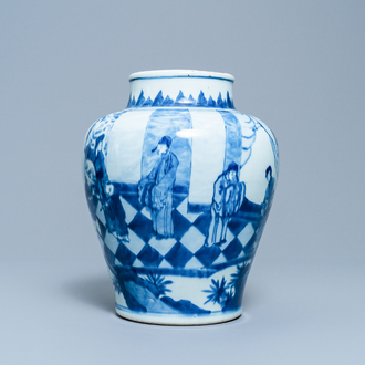 Een Chinese blauw-witte vaas met figuren in een interieur, Kangxi