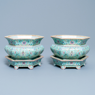 A pair of Chinese famille rose jardinières on stands, Qianlong mark, Jiaqing
