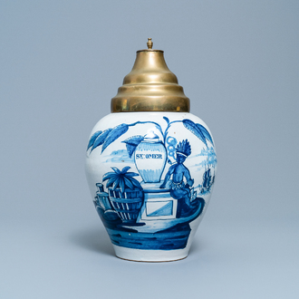 A Dutch Delft blue and white tobacco jar with an American indian, 18th C.