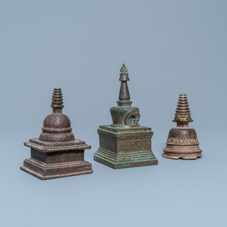 Three bronze stupas, Tibet, 16/18th C.