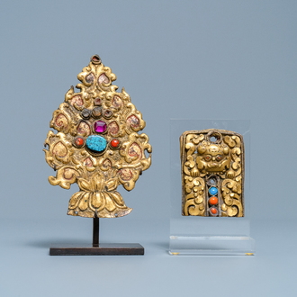 Two Sino-Tibetan inlaid gilt bronze ornaments, 17/18th C.