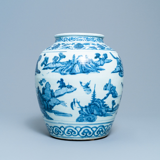 A Chinese blue and white vase with boats in a mountainous landscape, Ming