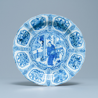 A Chinese blue and white kraak porcelain dish with a scholar, Wanli