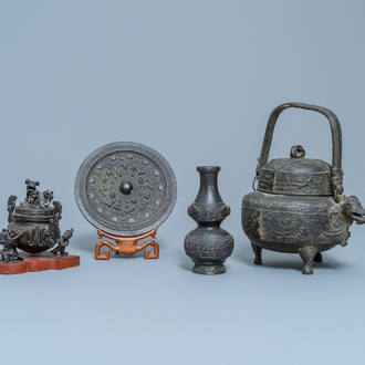 Two Chinese bronze censers, a vase and a mirror, Ming and later