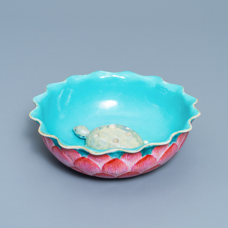 A Chinese famille rose 'lotus' bowl with turtle-shaped flower holder, Qianlong/Jiaqing