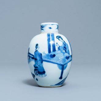 A Chinese blue and white covered tea caddy, Kangxi