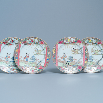 Two pairs of Chinese famille rose 'Romance of the Western Chamber' plates, Qianlong