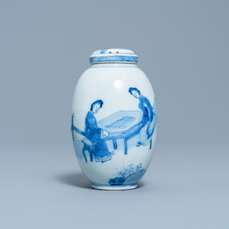 A Chinese blue and white covered tea caddy, Kangxi