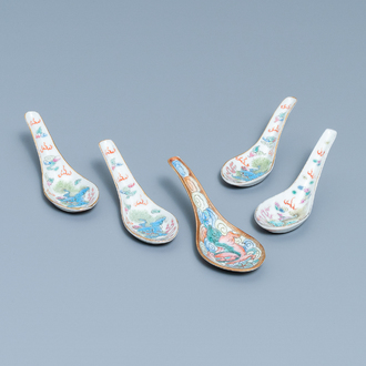 Five Chinese famille rose 'Buddhist lion' spoons, 19th C.