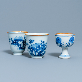 Two Chinese blue and white wine cups and a stem cup, Transitional period