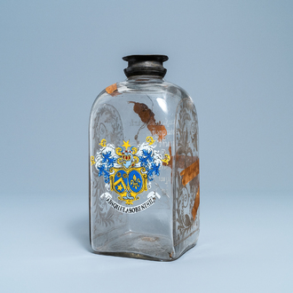 A Flemish or Dutch glass marriage bottle with inscription and coat of arms, dated 1723