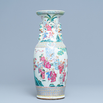 A Chinese famille rose vase with figures in a landscape, 19th C.
