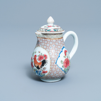 A Chinese famille rose 'rooster' milk jug and cover, Yongzheng