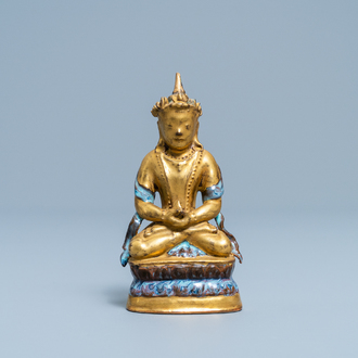 Een vergulde en deels flambé geglazuurde porseleinen figuur van een Bodhisattva, 19/20e eeuw