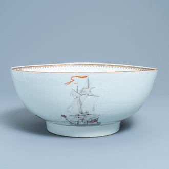 A large Chinese famille rose and grisaille bowl with the naval battle at Cartagena, Qianlong