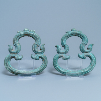 A pair of Chinese bronze ornaments, Han or later