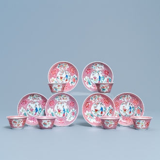 Six Chinese famille rose cups and saucers with a lady and a boy, Yongzheng/Qianlong