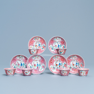 Six tasses et soucoupes en porcelaine de Chine famille rose, Yongzheng/Qianlong