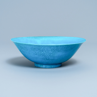 A Chinese turquoise-glazed bowl with floral underglaze design, Kangxi