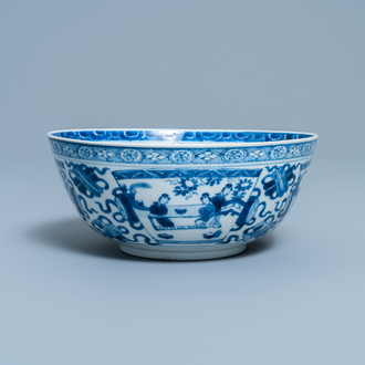 A Chinese blue and white bowl with figurative panels, Kangxi