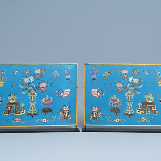 A pair of rectangular Chinese cloisonné plaques, Qianlong/Jiaqing