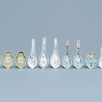 Seven Chinese famille rose spoons and four saucers, 19/20th C.