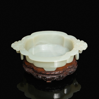 A fine Chinese white jade vessel on wooden stand, Kangxi