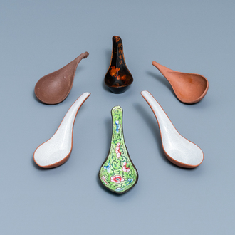 Six Chinese Yixing stoneware, lacquer and Canton enamel spoons, 19/20th C.