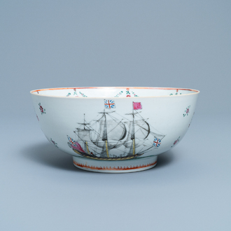 A Chinese famille rose bowl with British merchant navy ships, Qianlong