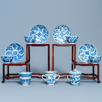 Four Chinese blue and white cups and saucers and three large cups, Kangxi/Qianlong