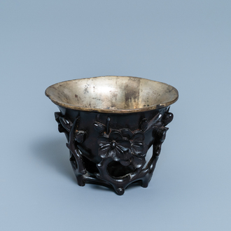 A Chinese zitan wood and silver libation cup, 17th C.