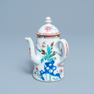 A Chinese famille rose 'Romance of the Western chamber' chocolate jug and cover, Yongzheng