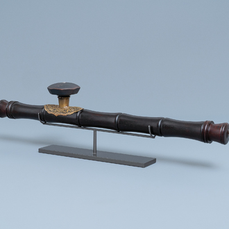 A Chinese tie li mu, paktong metal and Yixing stoneware opium pipe, 19th C.