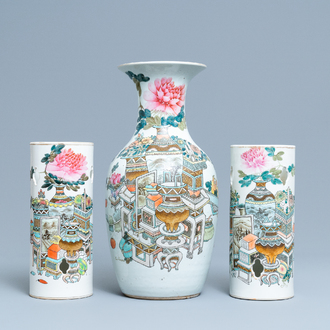 Two Chinese qianjiang cai hat stands and a vase with antiquities, 19/20th C.
