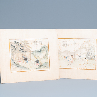 Ecole chinoise, encre et couleurs sur papier, 19ème: 'Deux scènes aux figures dans un paysage'