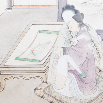 Chinese school, inkt en kleur op papier, 19e eeuw: 'Erotische scène'