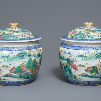 A pair of Chinese famille rose bowls and covers with landscapes, Qianlong mark, Republic